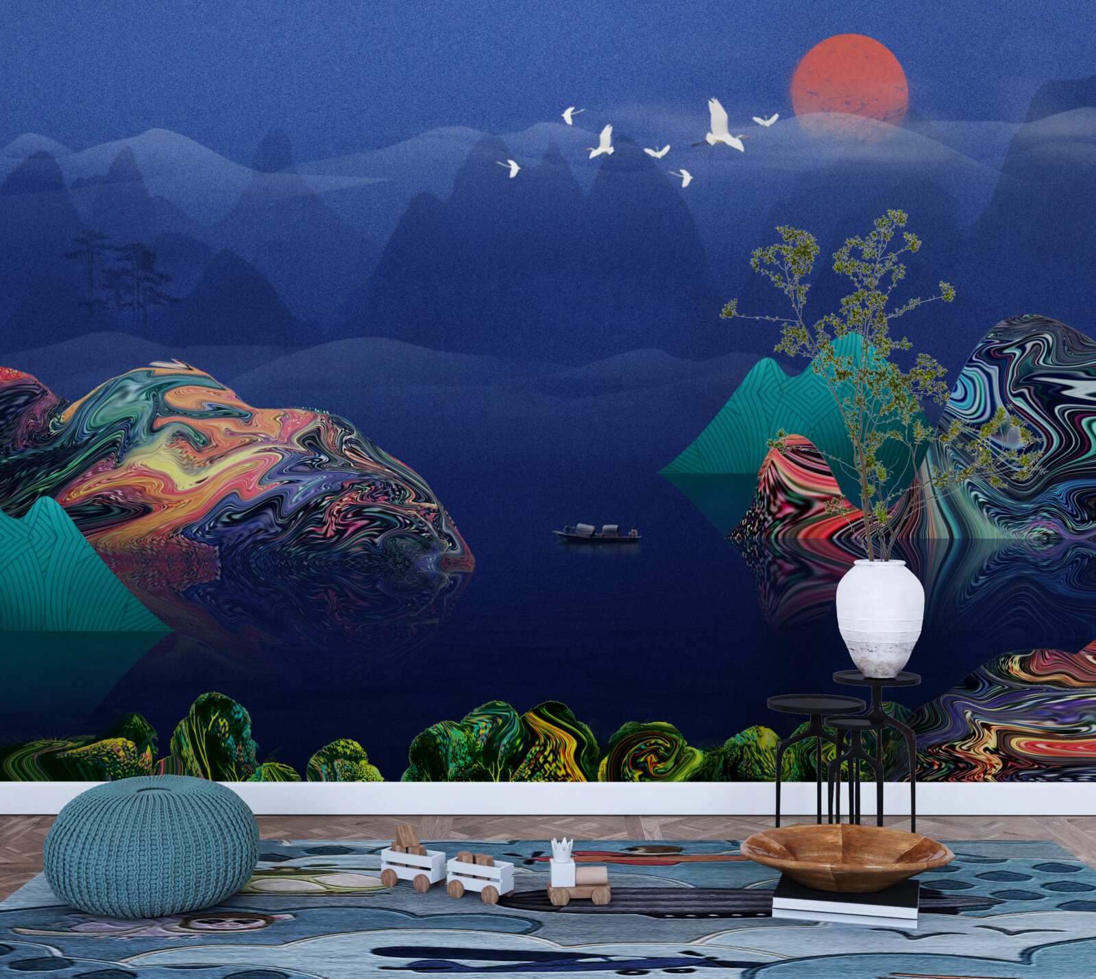 Fotobehang Kraanvogels vliegen bij zonsondergang over een bergrivier