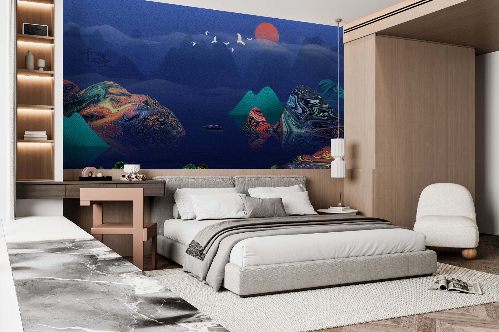 Fotobehang Kraanvogels vliegen bij zonsondergang over een bergrivier