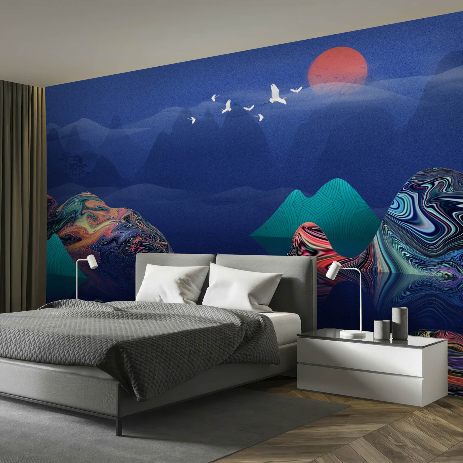 Fotobehang Kraanvogels vliegen bij zonsondergang over een bergrivier