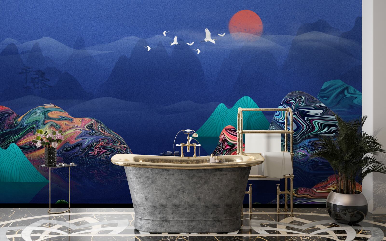 Fotobehang Kraanvogels vliegen bij zonsondergang over een bergrivier