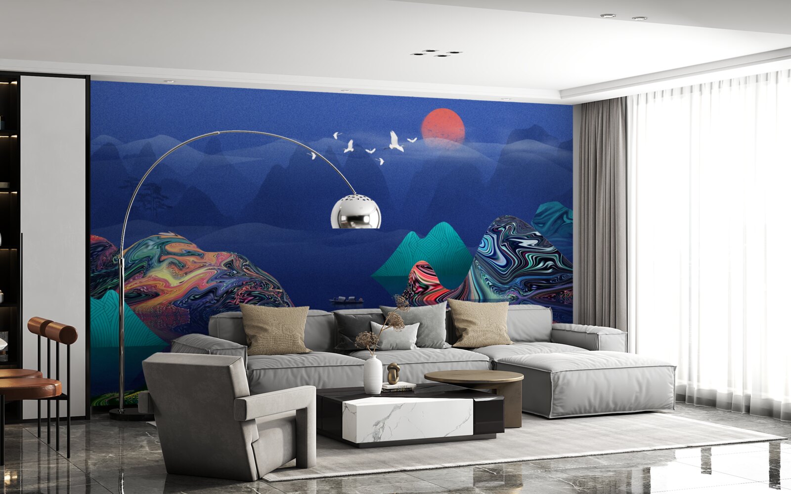 Fotobehang Kraanvogels vliegen bij zonsondergang over een bergrivier