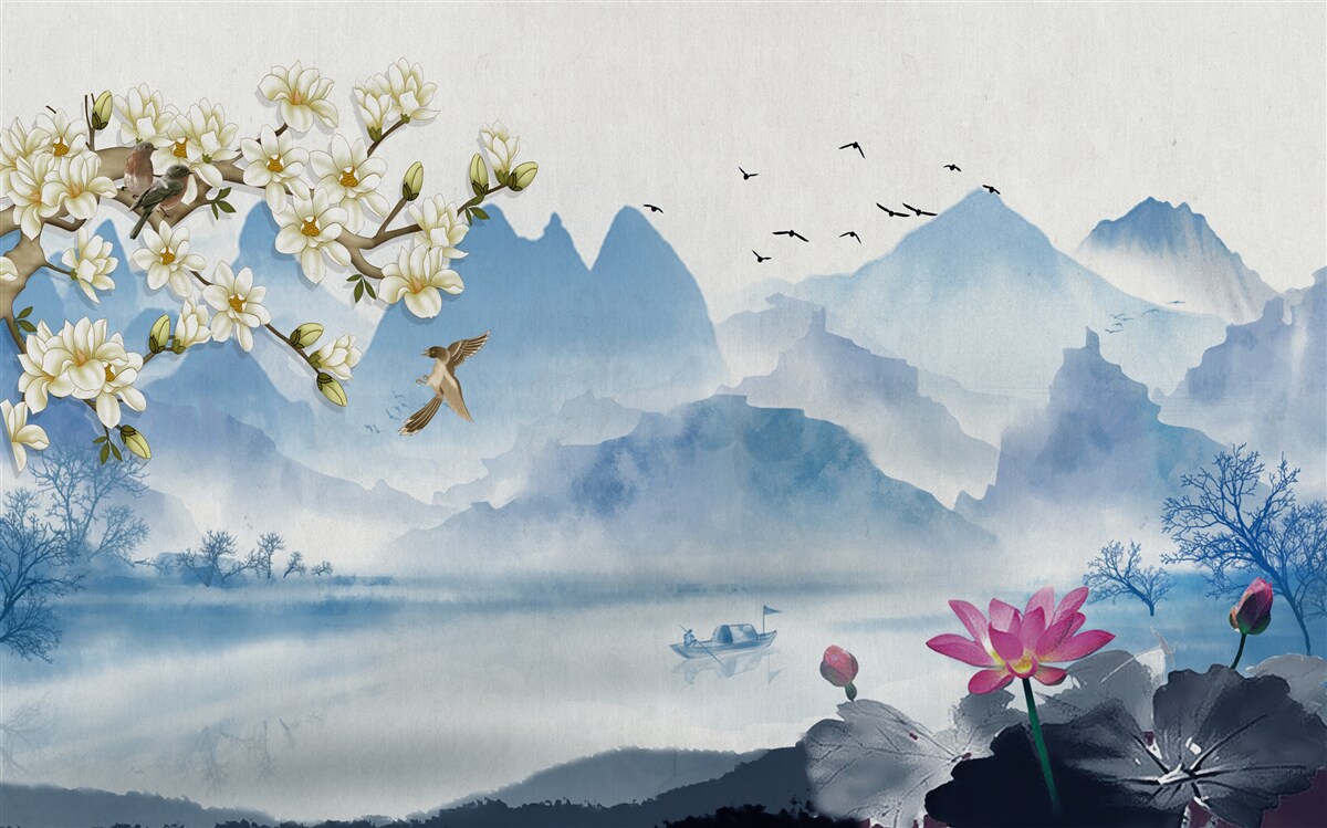 Fotobehang aquarellen van bergmeren in china