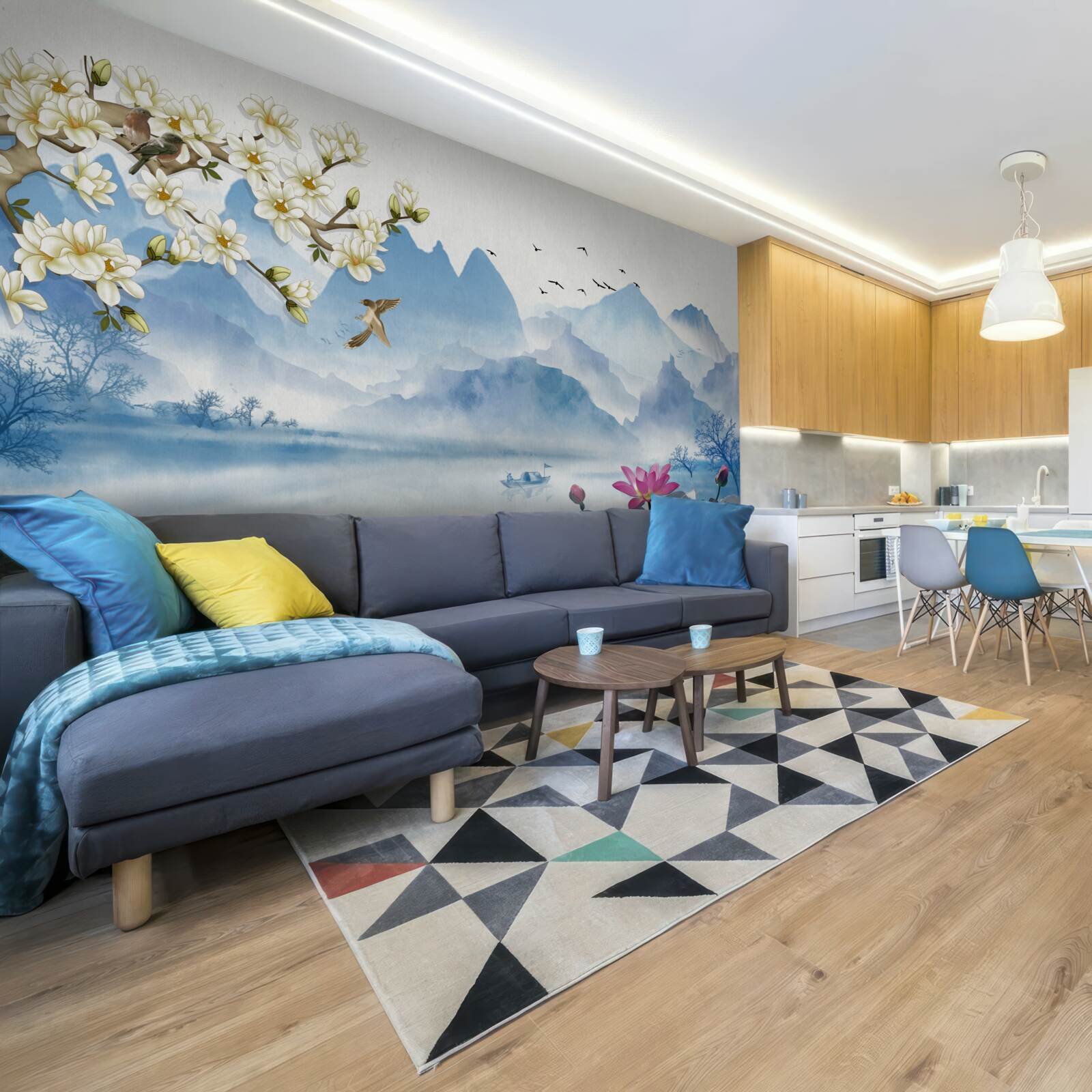 Fotobehang aquarellen van bergmeren in china