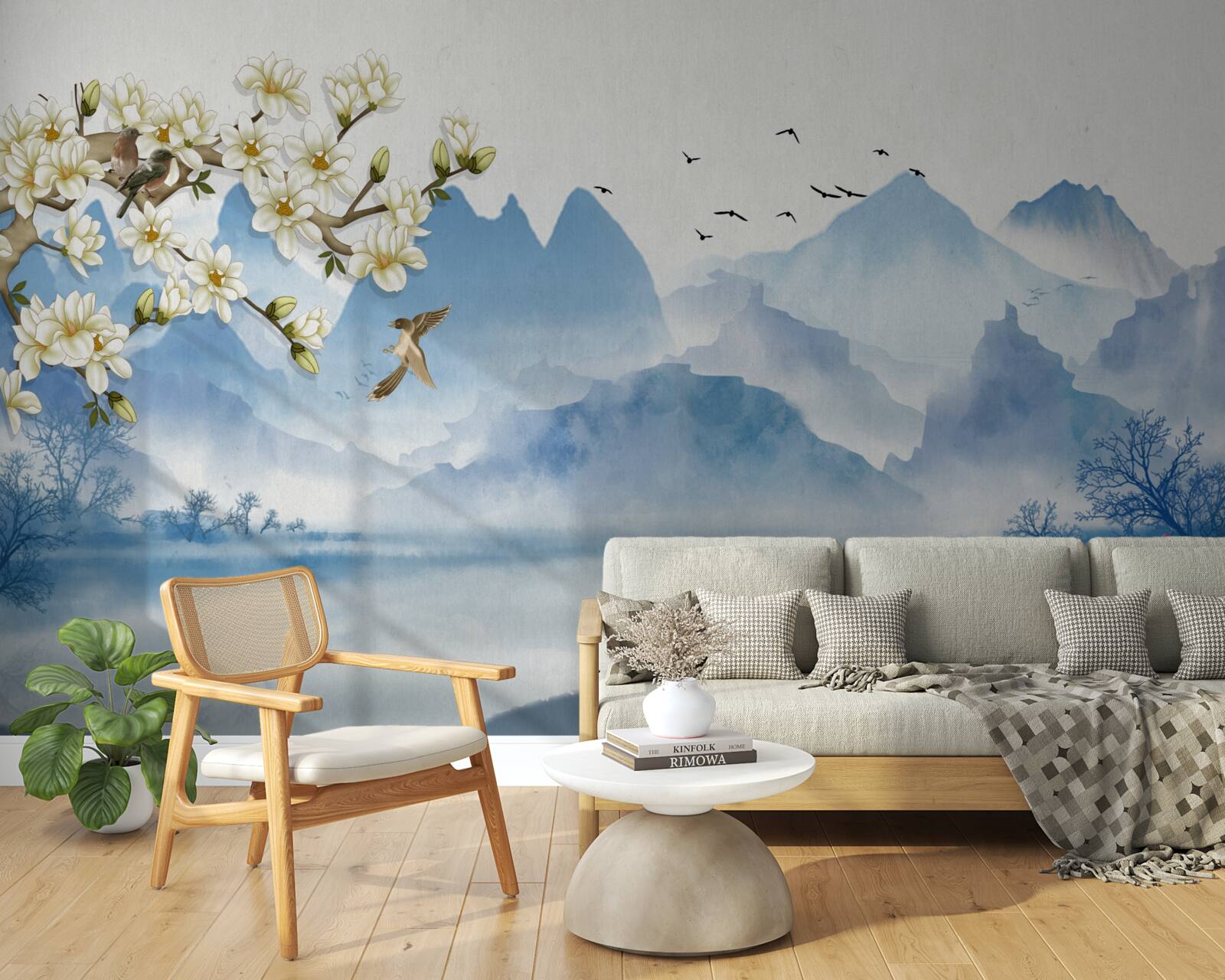 Fotobehang aquarellen van bergmeren in china