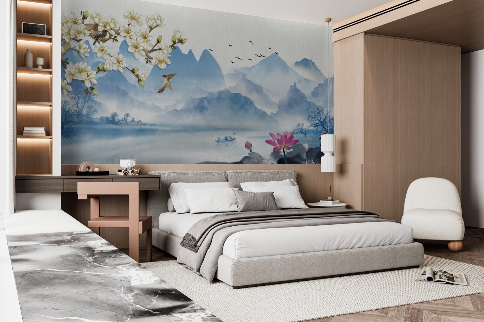 Fotobehang aquarellen van bergmeren in china