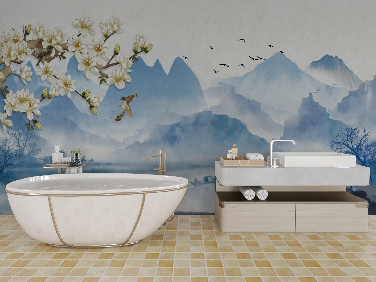 Fotobehang aquarellen van bergmeren in china