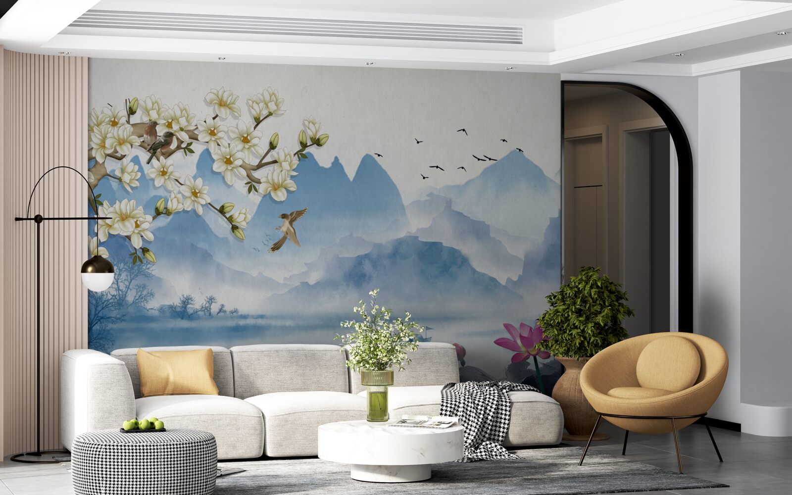 Fotobehang aquarellen van bergmeren in china