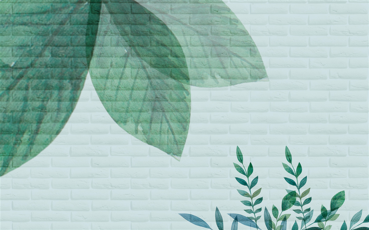 Fotobehang aquarel groene bladeren op een bakstenen muur
