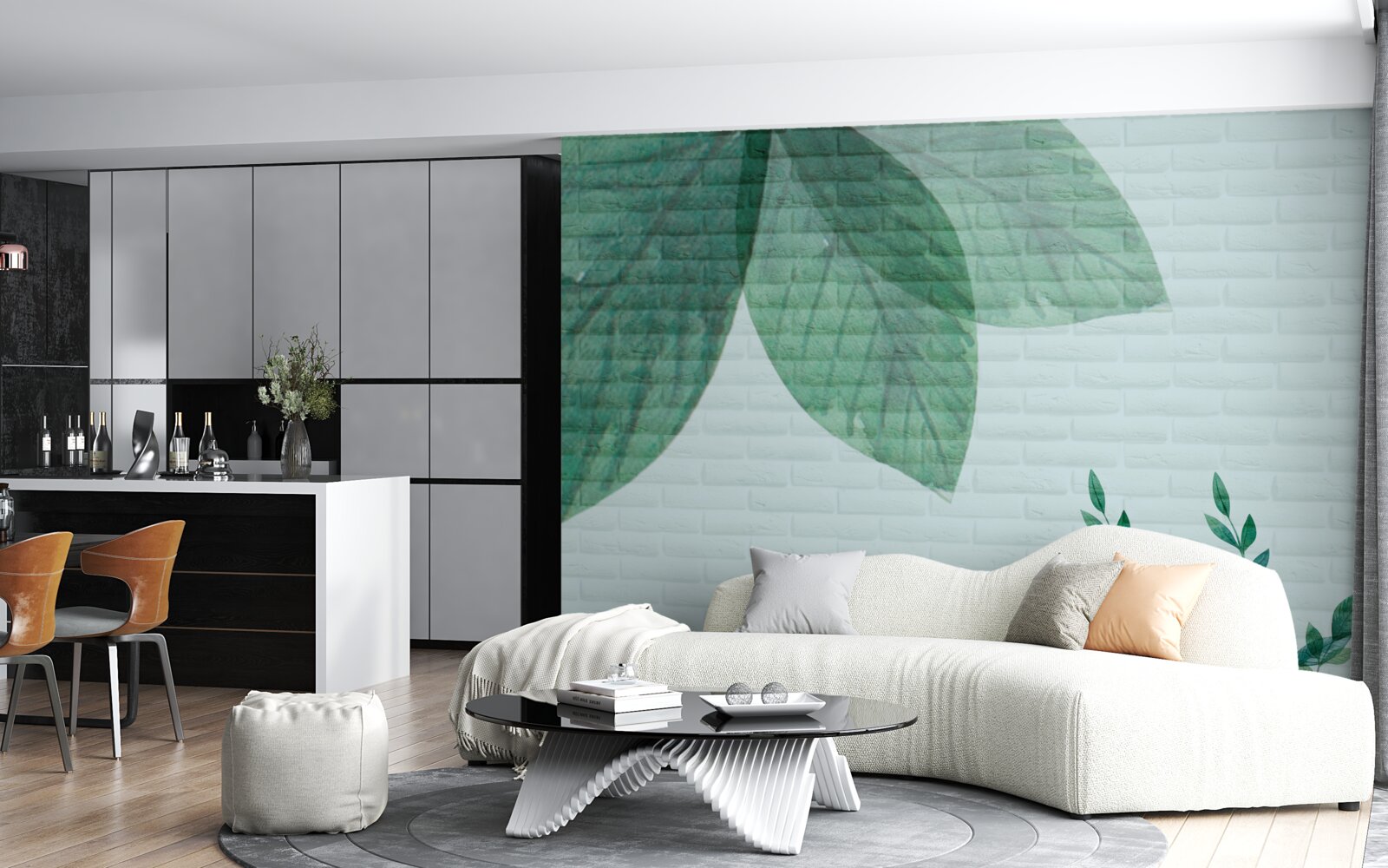 Fotobehang aquarel groene bladeren op een bakstenen muur