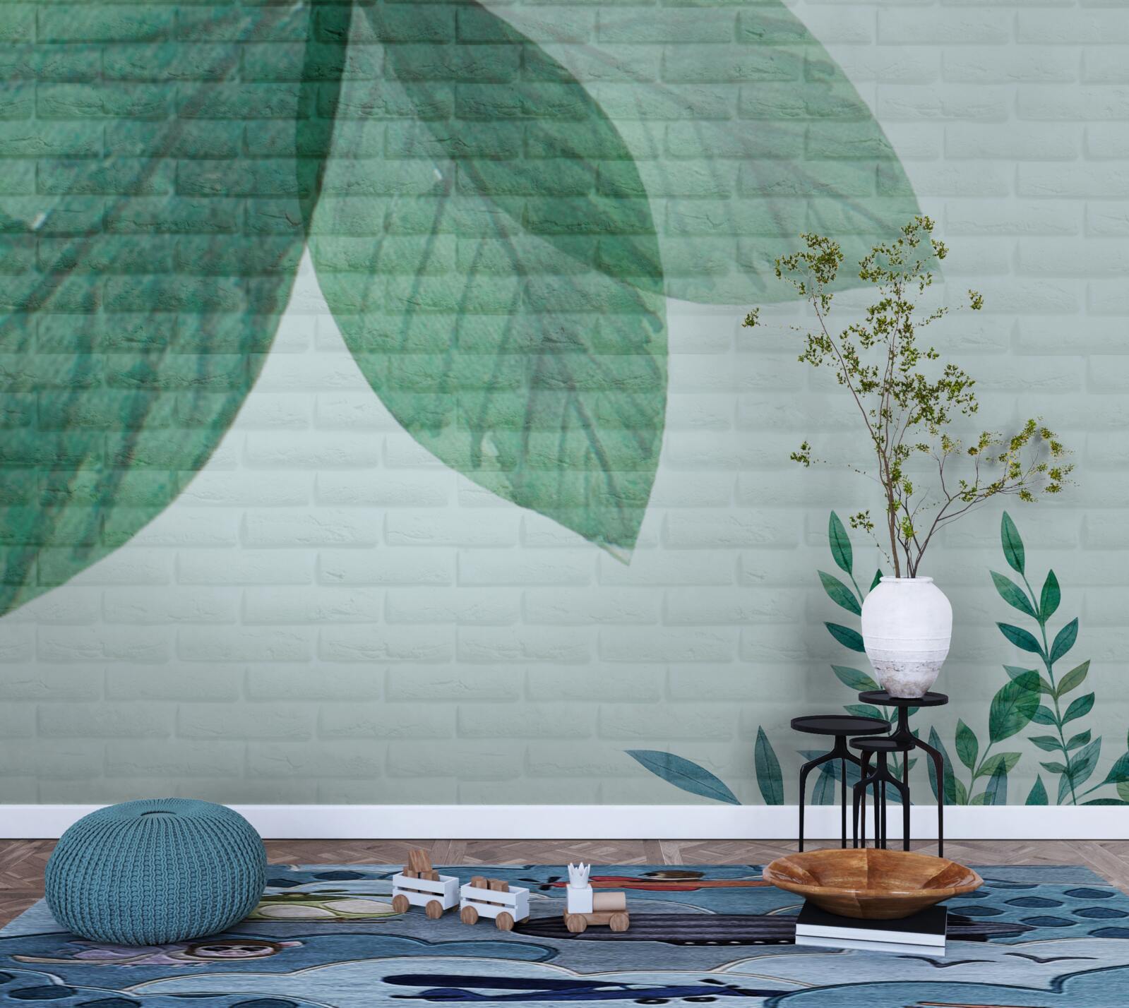 Fotobehang aquarel groene bladeren op een bakstenen muur