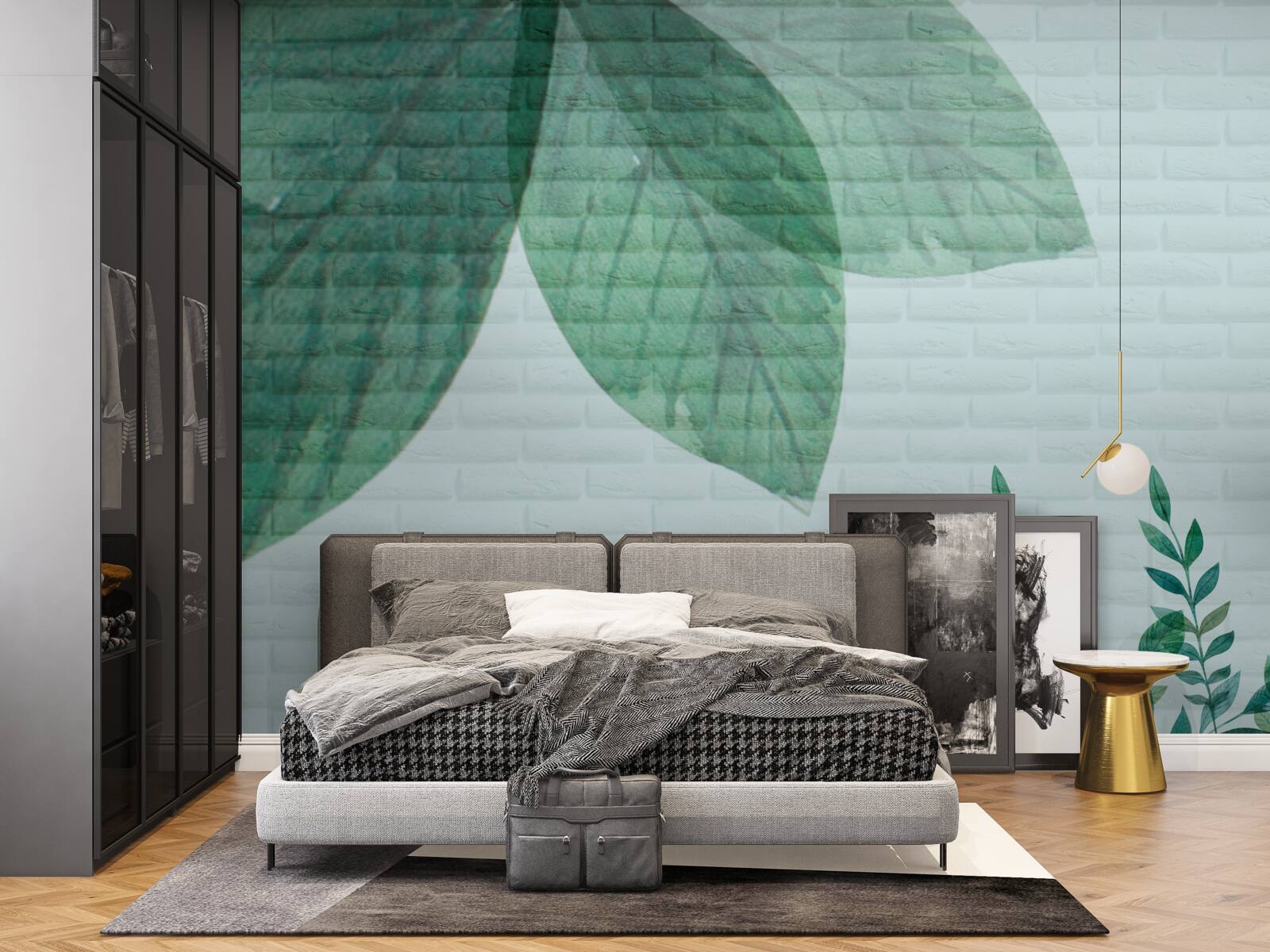 Fotobehang aquarel groene bladeren op een bakstenen muur