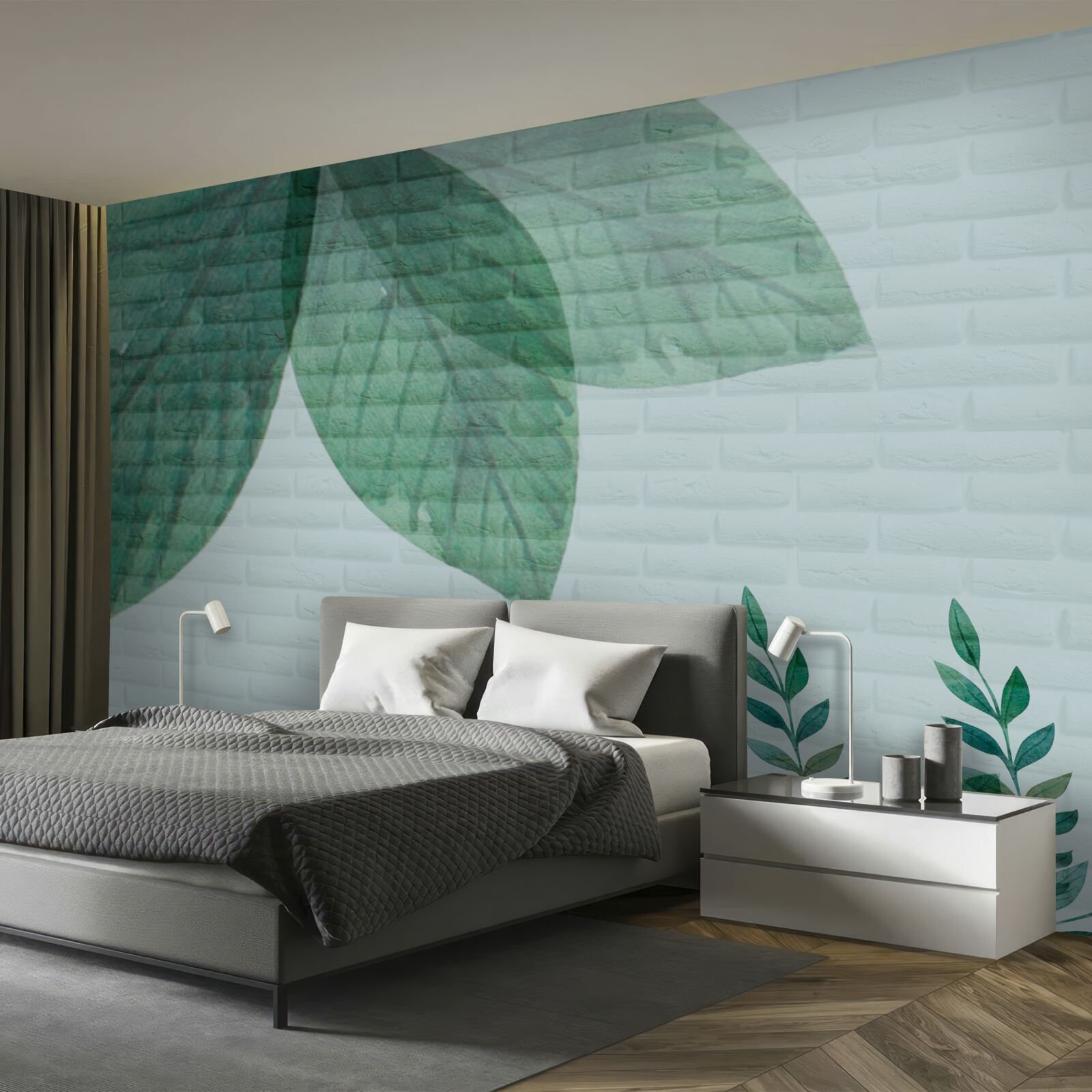 Fotobehang aquarel groene bladeren op een bakstenen muur