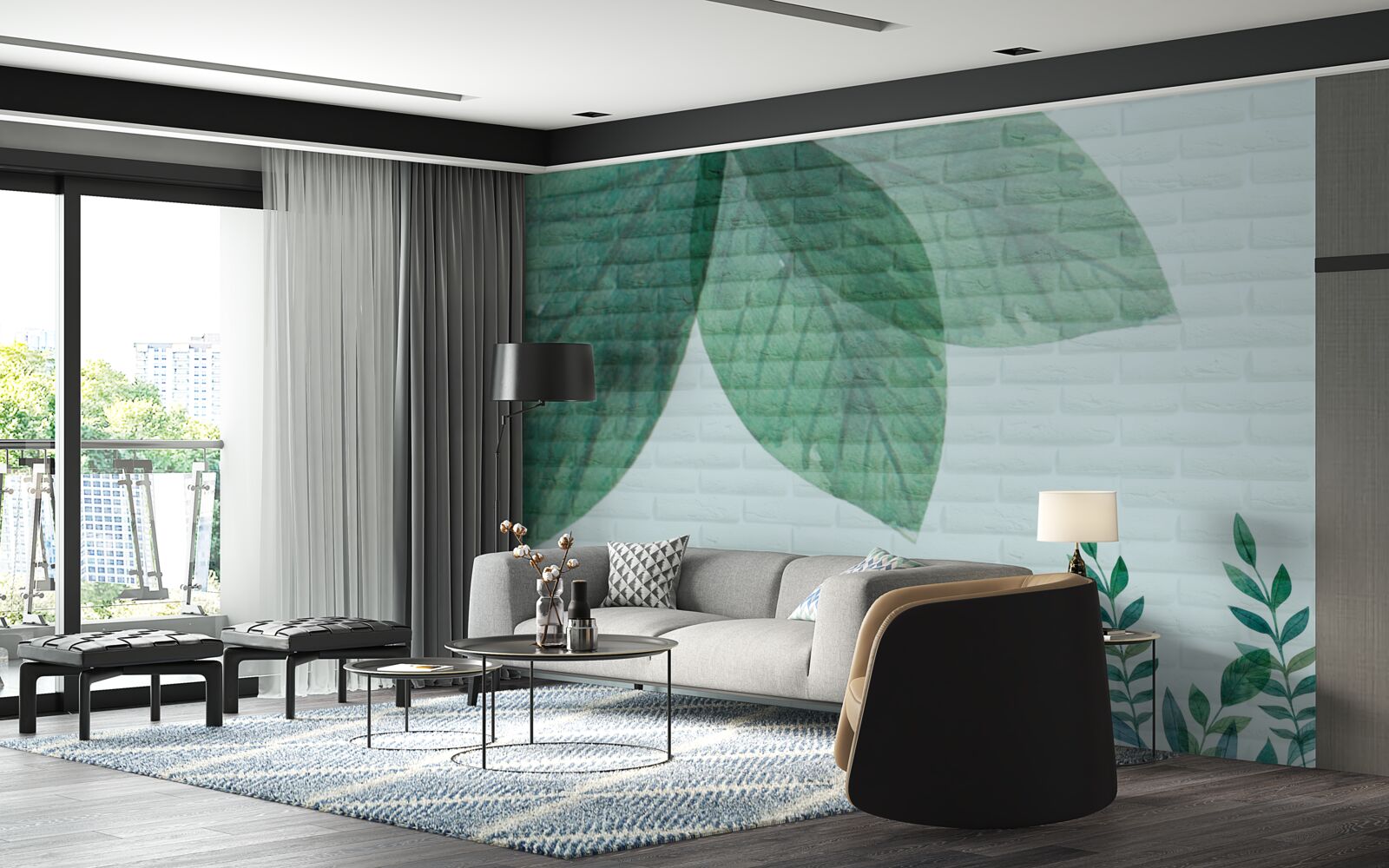 Fotobehang aquarel groene bladeren op een bakstenen muur