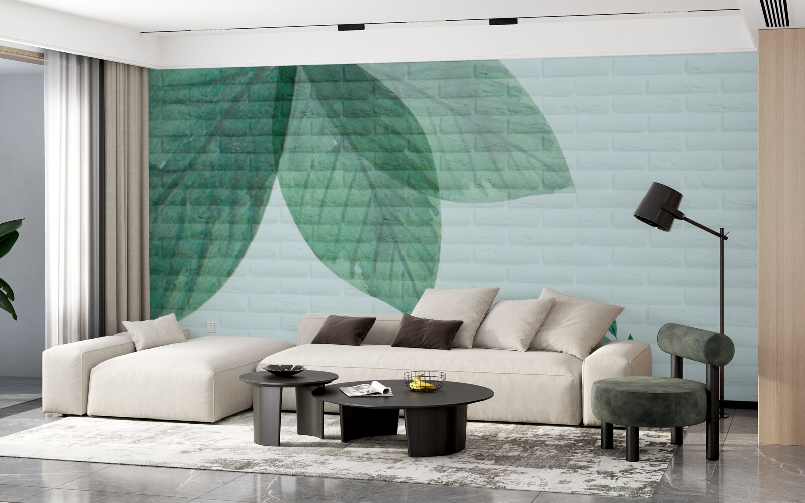 Fotobehang aquarel groene bladeren op een bakstenen muur