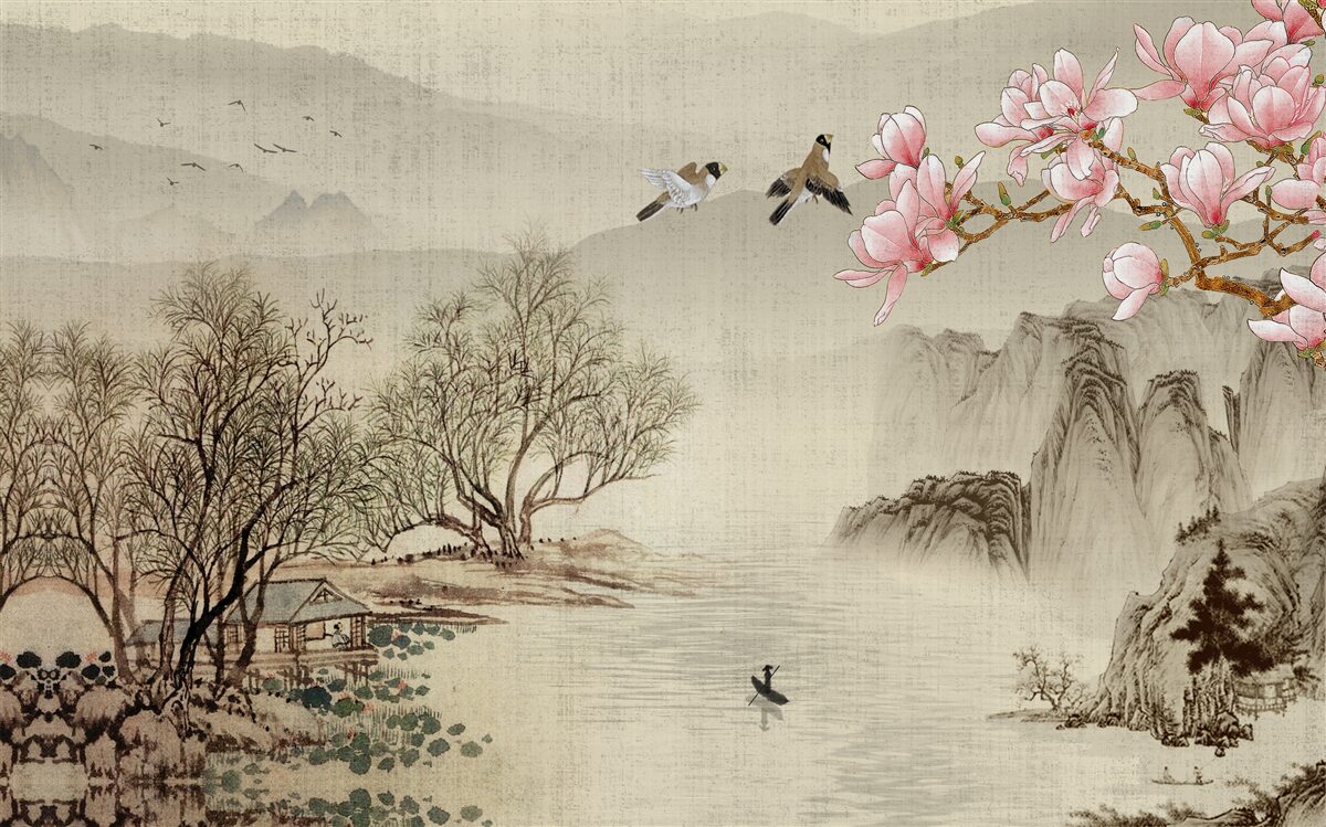 Fotobehang magnolia in bloei en een rustige rivier in de bergen