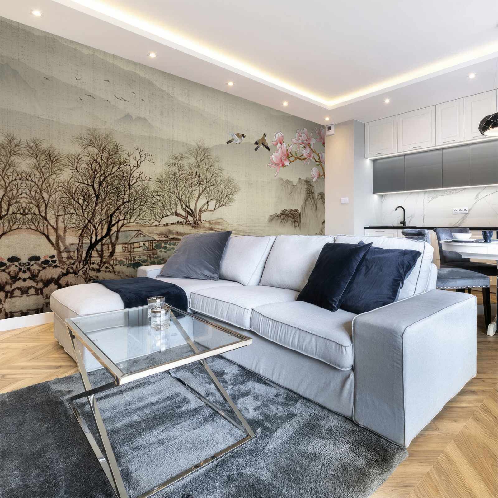 Fotobehang magnolia in bloei en een rustige rivier in de bergen