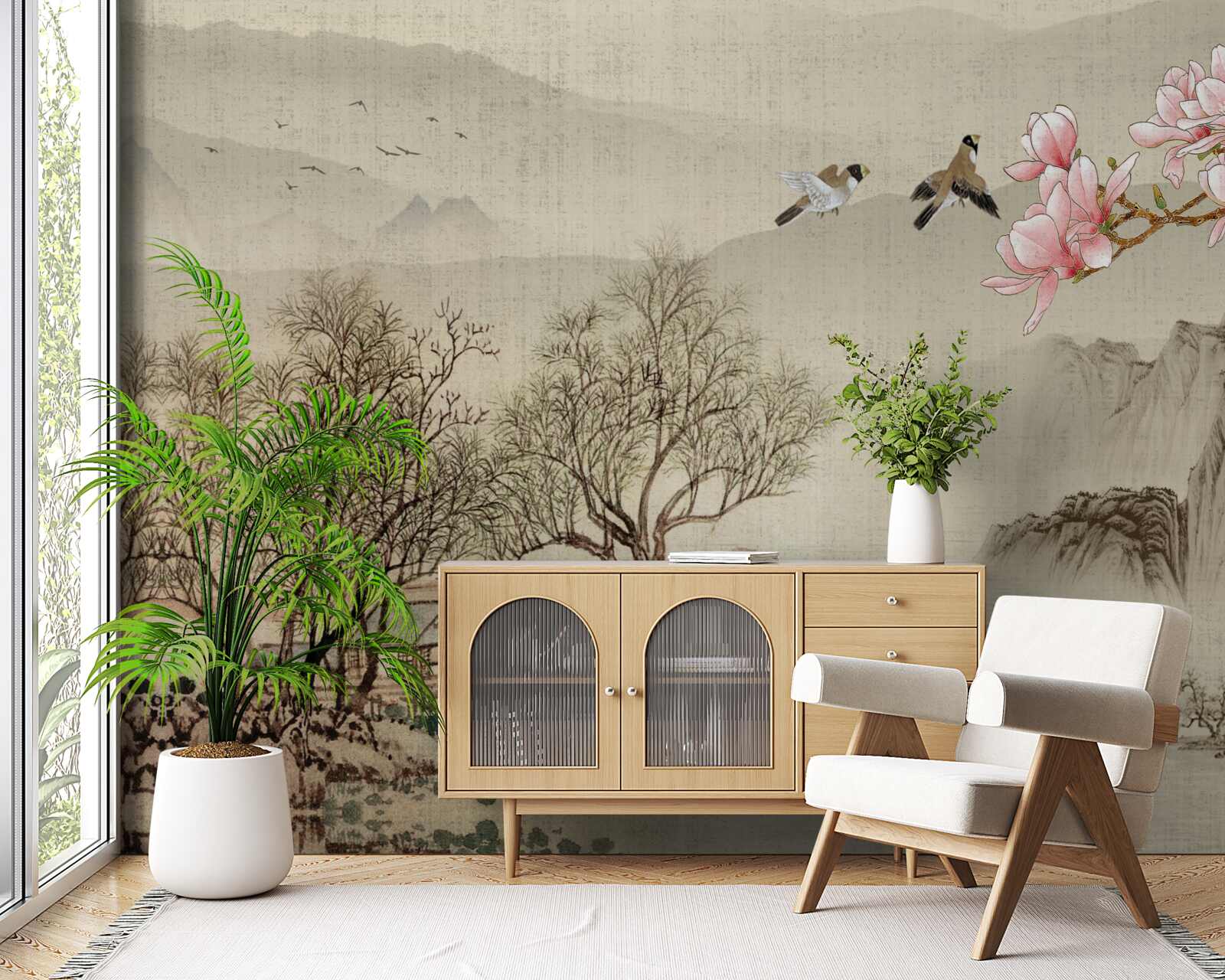 Fotobehang magnolia in bloei en een rustige rivier in de bergen