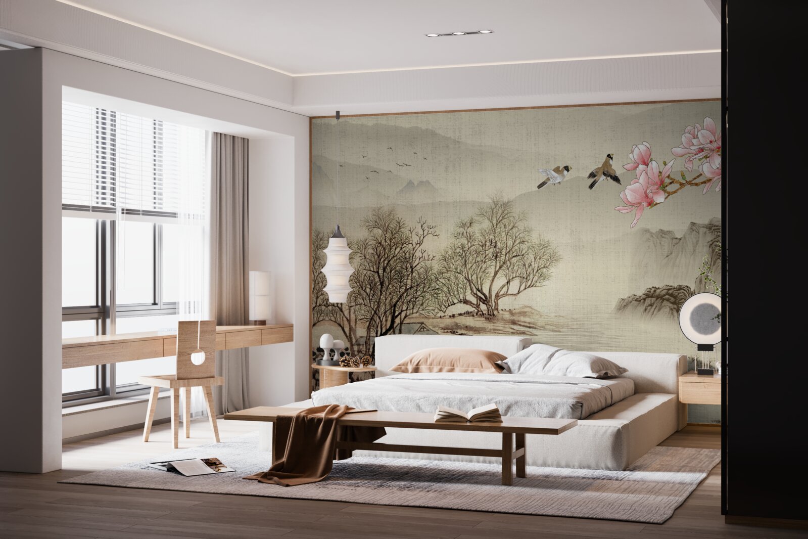 Fotobehang magnolia in bloei en een rustige rivier in de bergen