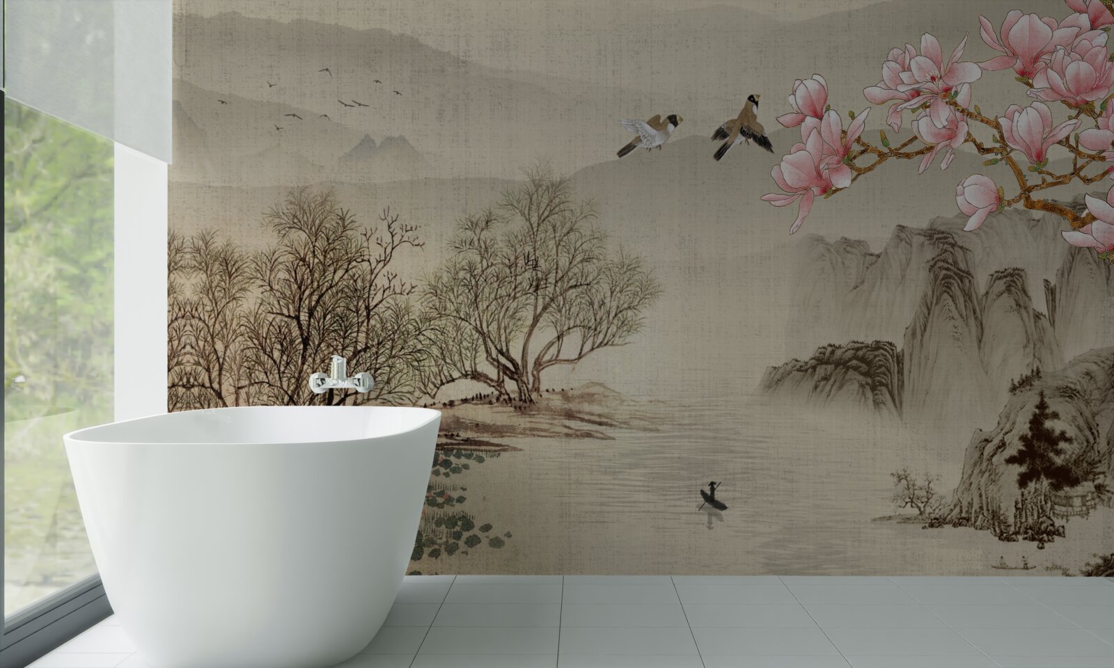 Fotobehang magnolia in bloei en een rustige rivier in de bergen