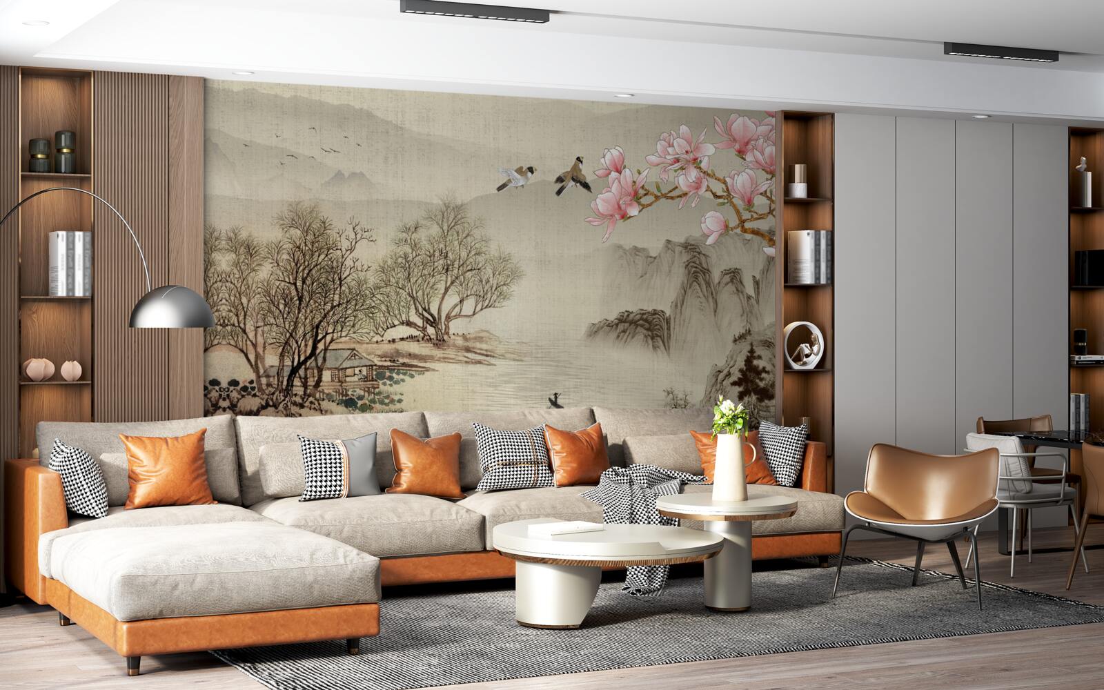 Fotobehang magnolia in bloei en een rustige rivier in de bergen