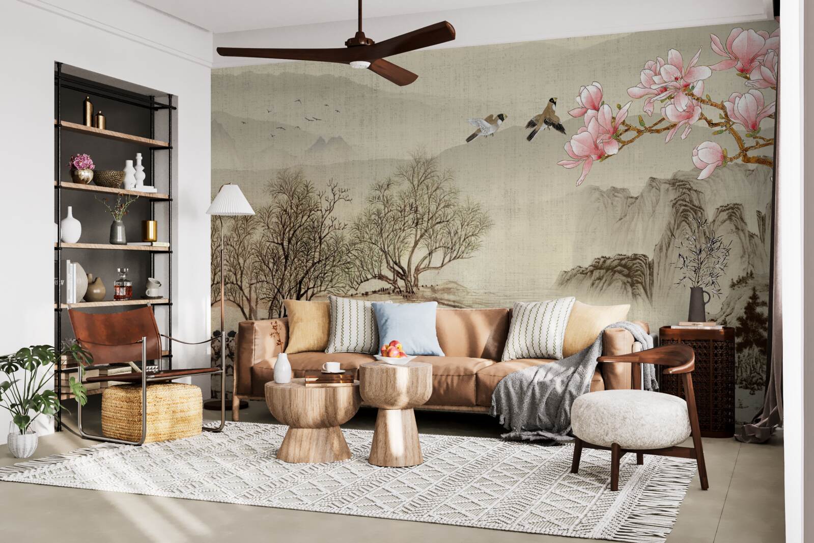 Fotobehang magnolia in bloei en een rustige rivier in de bergen