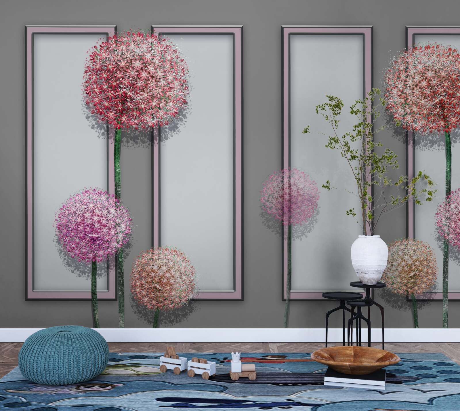 Fotobehang paardenbloemen en raammodules