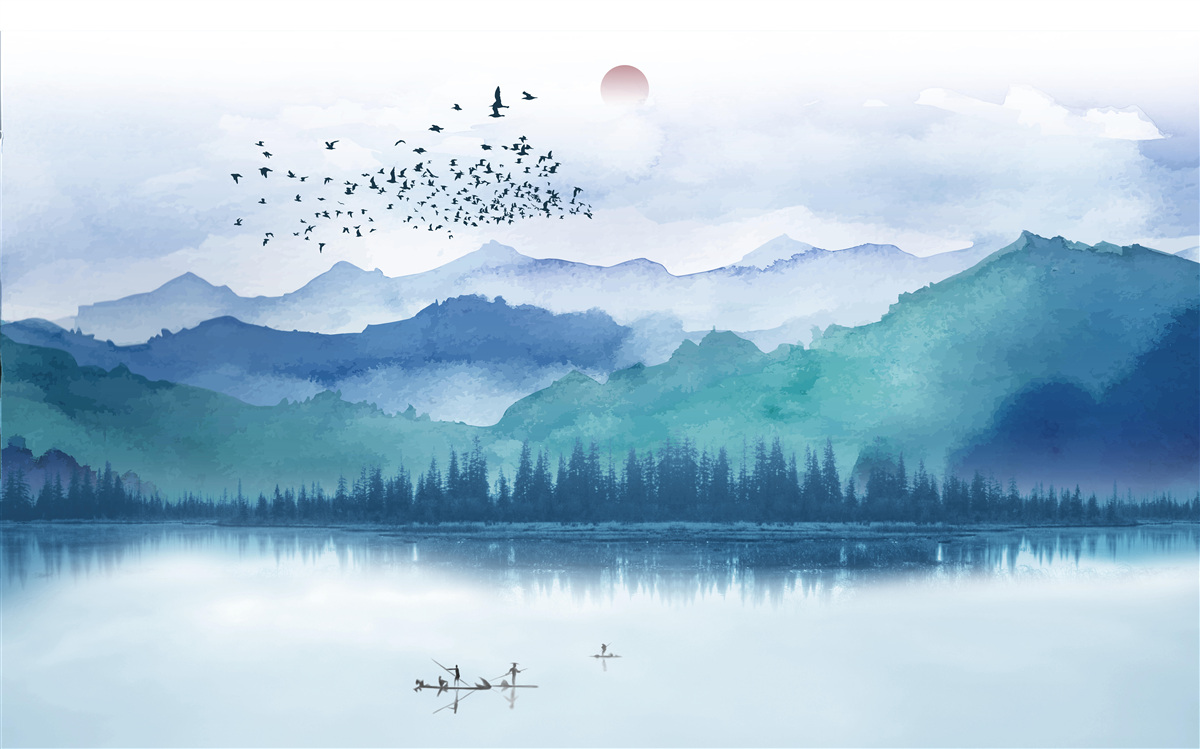 Fotobehang een zwerm vogels zwermt over een bergmeer tegen de achtergrond van de ondergaande zon