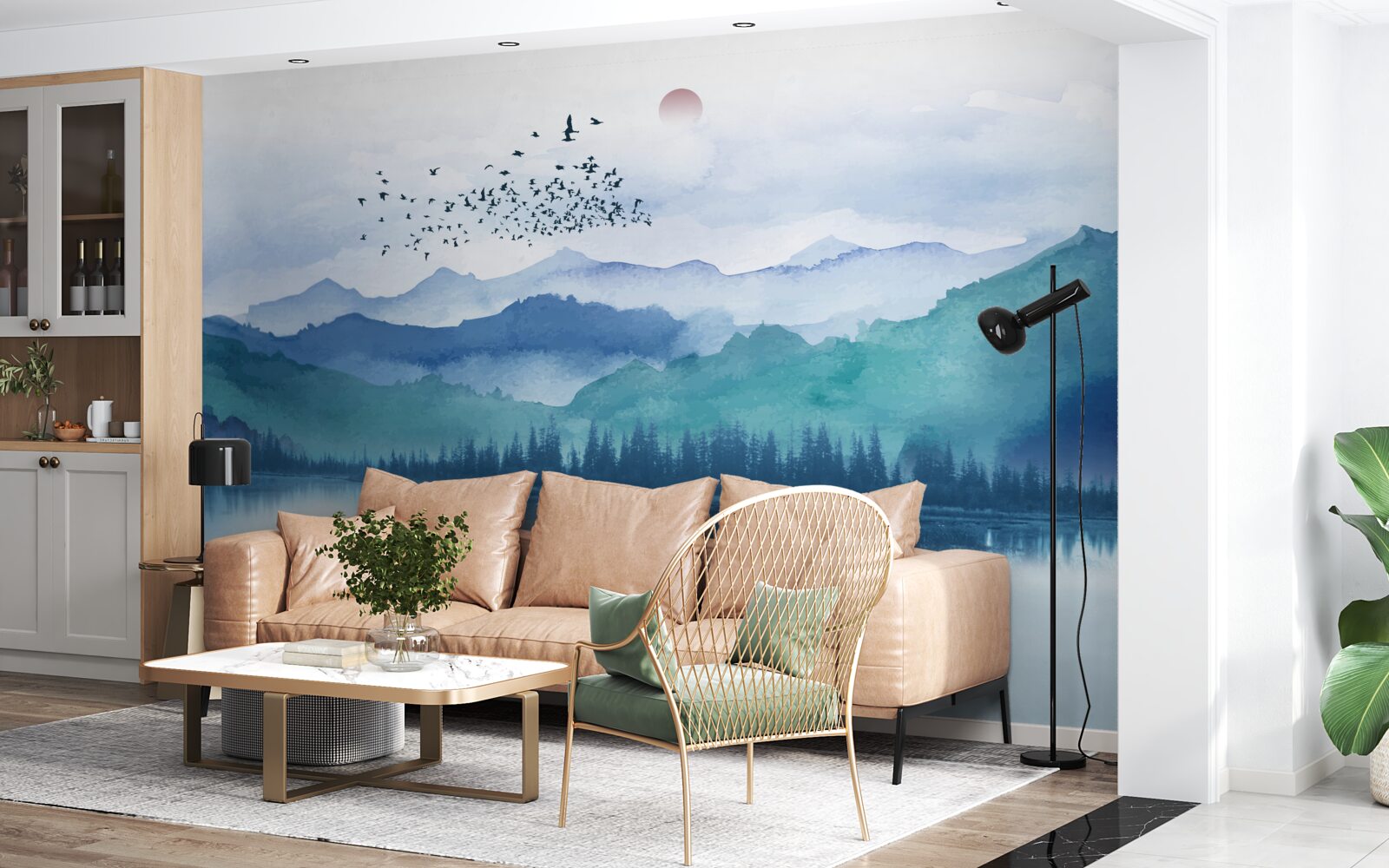 Fotobehang een zwerm vogels zwermt over een bergmeer tegen de achtergrond van de ondergaande zon