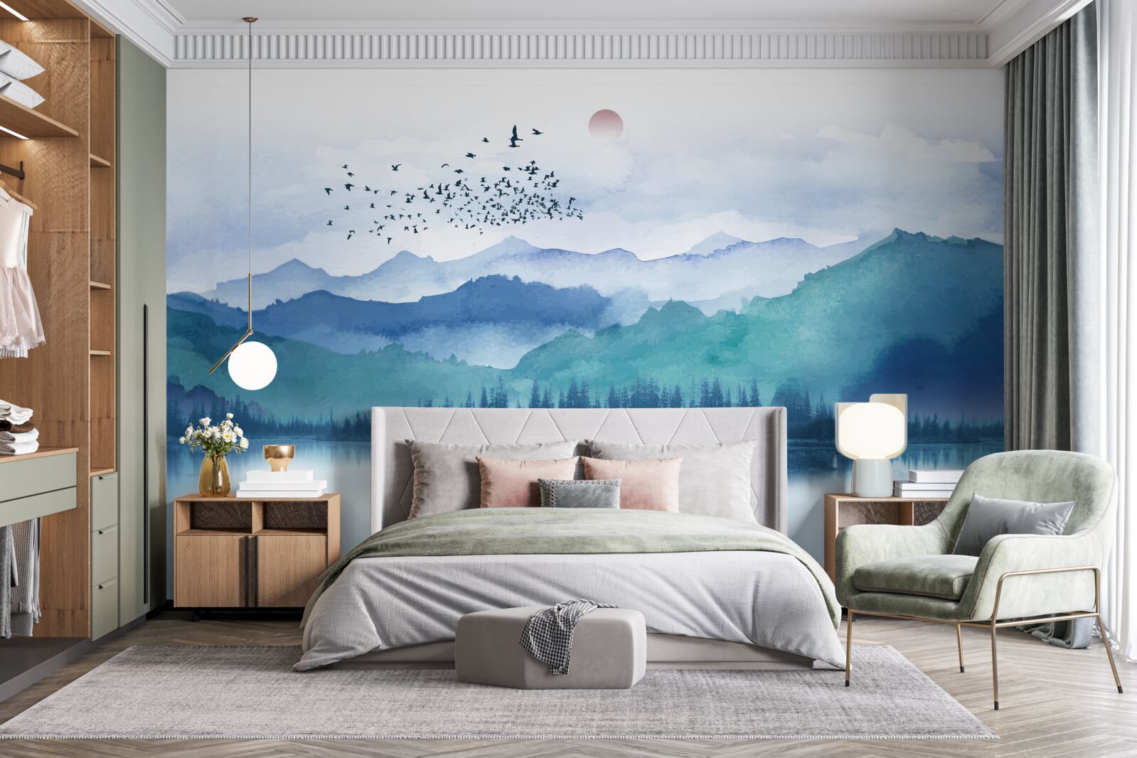 Fotobehang een zwerm vogels zwermt over een bergmeer tegen de achtergrond van de ondergaande zon