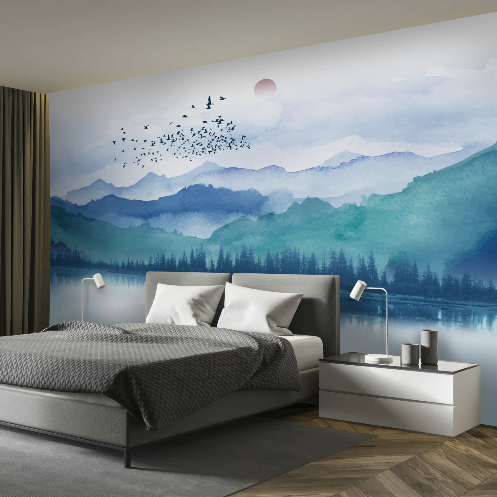 Fotobehang een zwerm vogels zwermt over een bergmeer tegen de achtergrond van de ondergaande zon