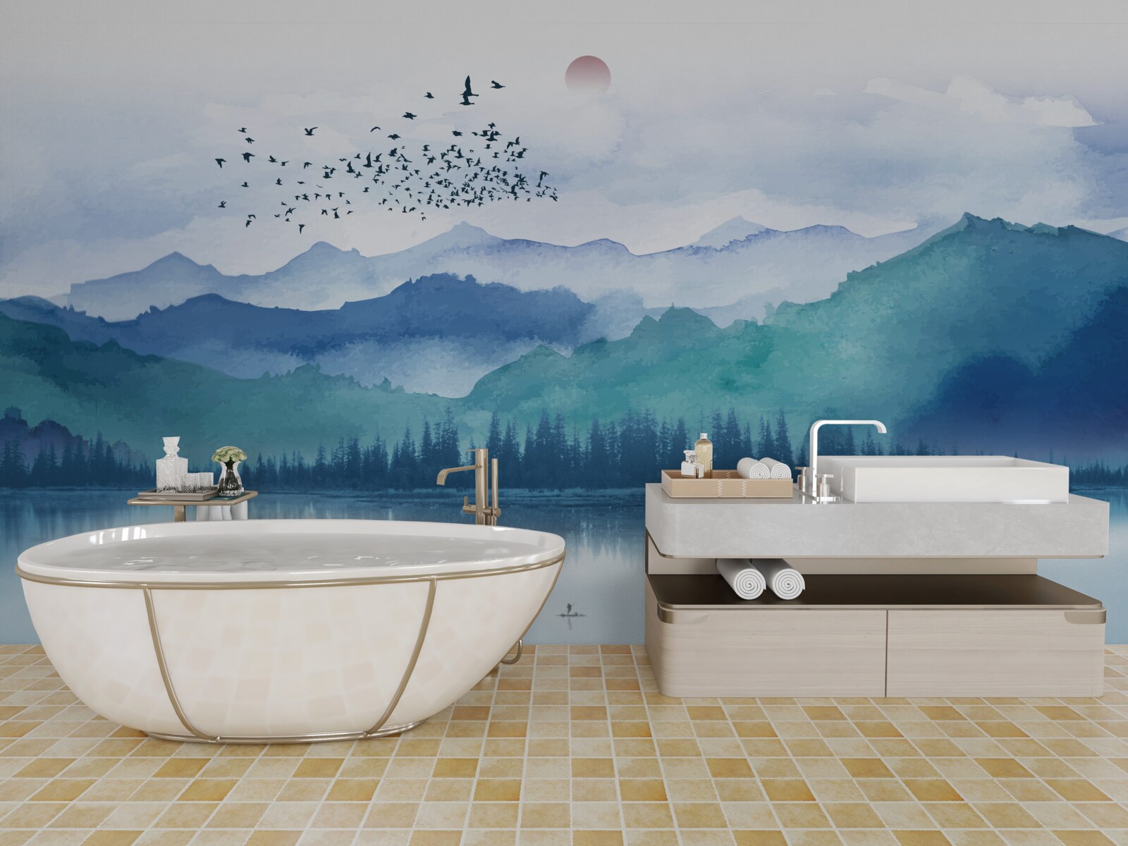 Fotobehang een zwerm vogels zwermt over een bergmeer tegen de achtergrond van de ondergaande zon