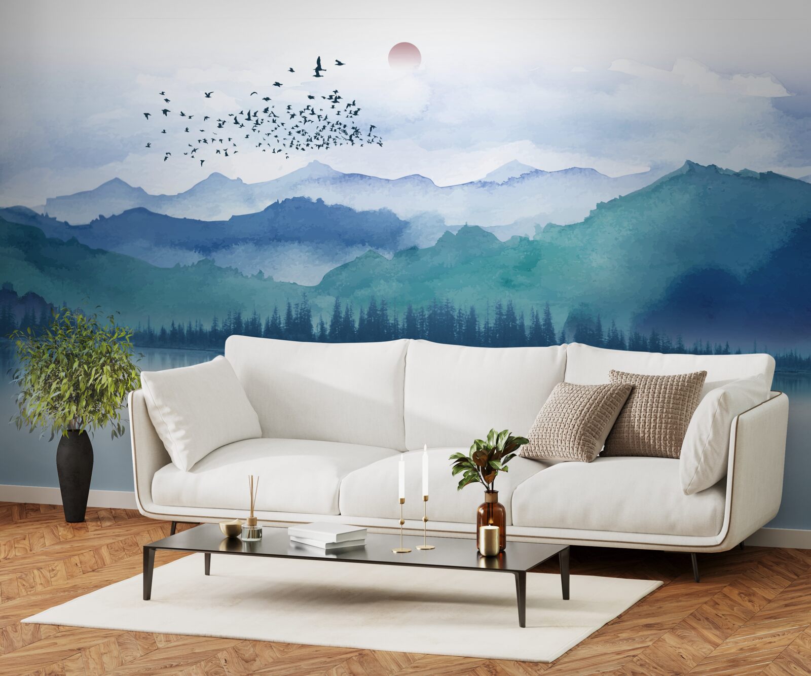 Fotobehang een zwerm vogels zwermt over een bergmeer tegen de achtergrond van de ondergaande zon