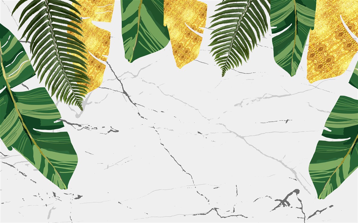 Fotobehang groene en gele bladeren op sneeuwwit marmer