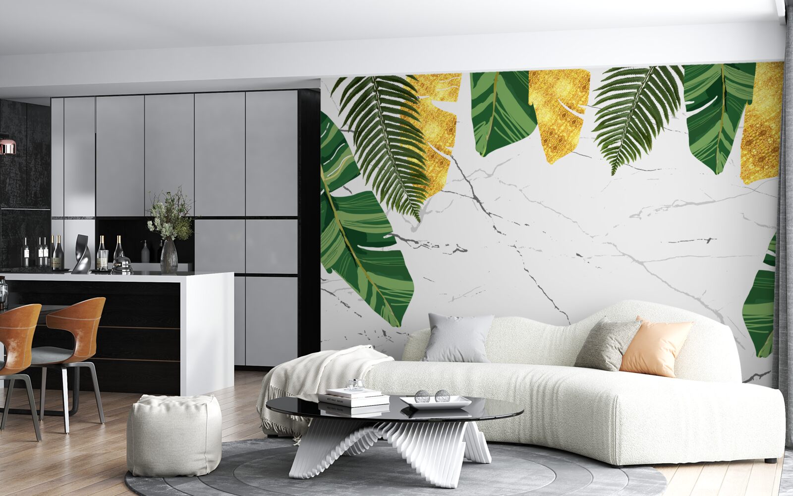 Fotobehang groene en gele bladeren op sneeuwwit marmer