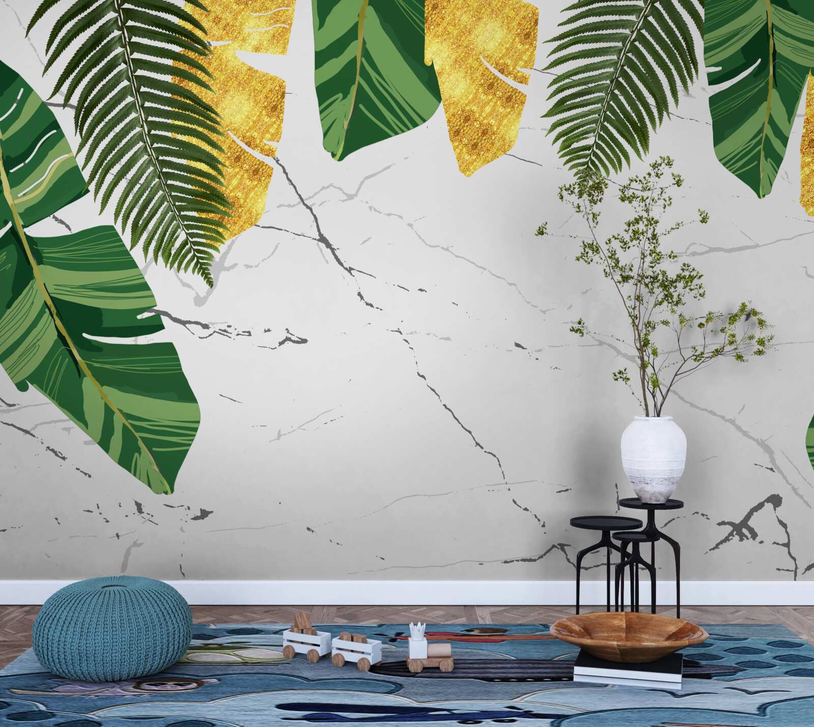 Fotobehang groene en gele bladeren op sneeuwwit marmer