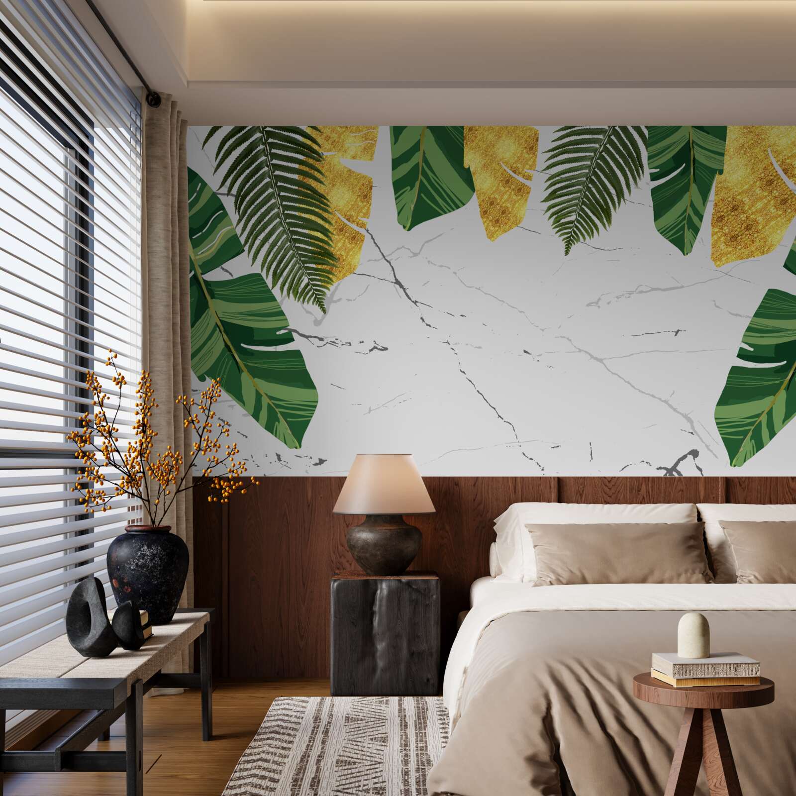 Fotobehang groene en gele bladeren op sneeuwwit marmer