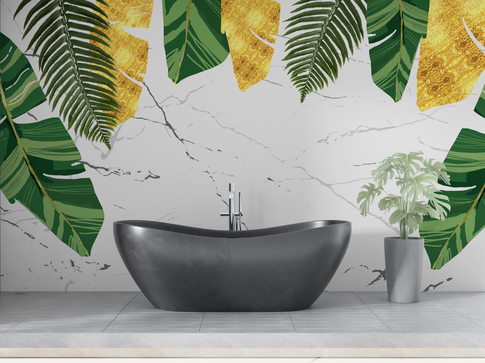 Fotobehang groene en gele bladeren op sneeuwwit marmer