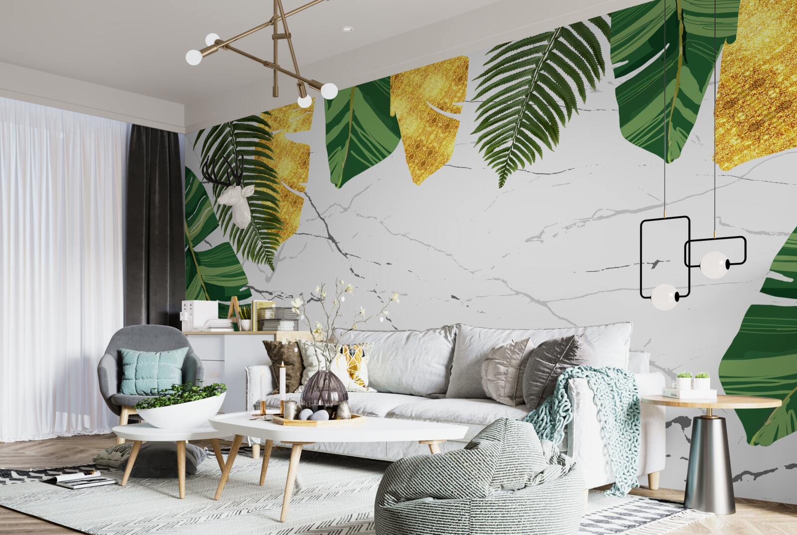 Fotobehang groene en gele bladeren op sneeuwwit marmer