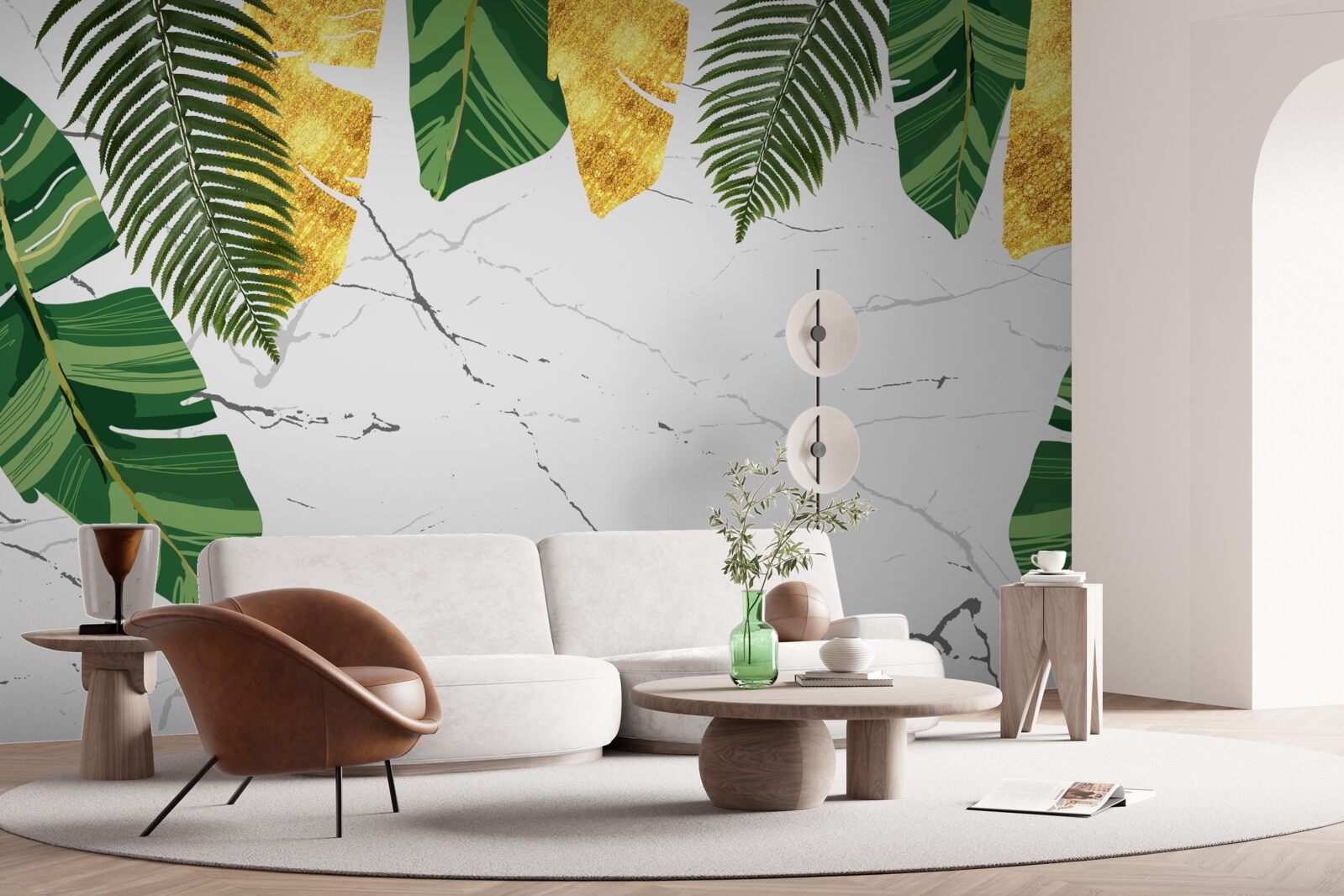 Fotobehang groene en gele bladeren op sneeuwwit marmer