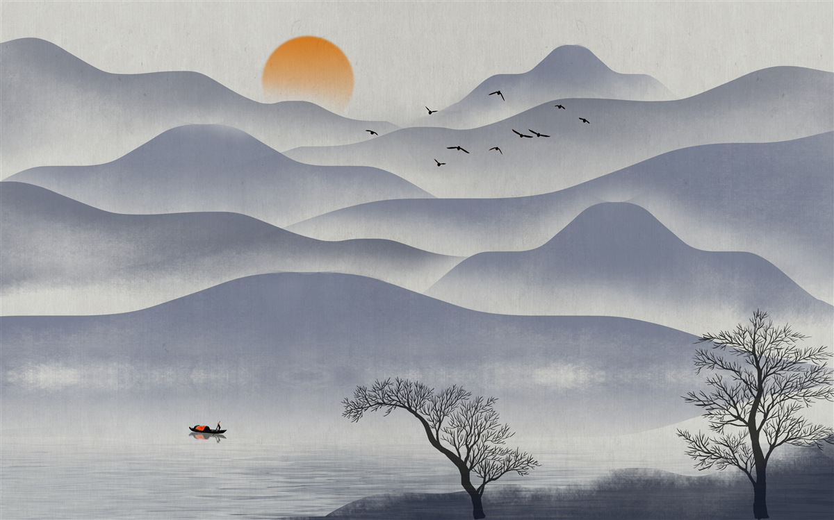 Fotobehang bestelling op het meer wordt gevuld door een visser