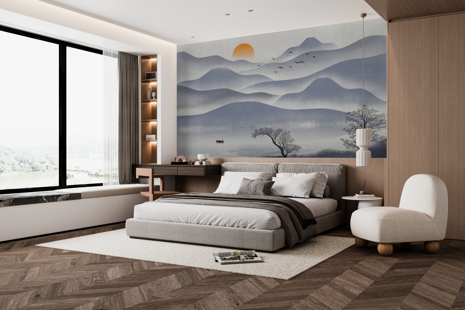 Fotobehang bestelling op het meer wordt gevuld door een visser