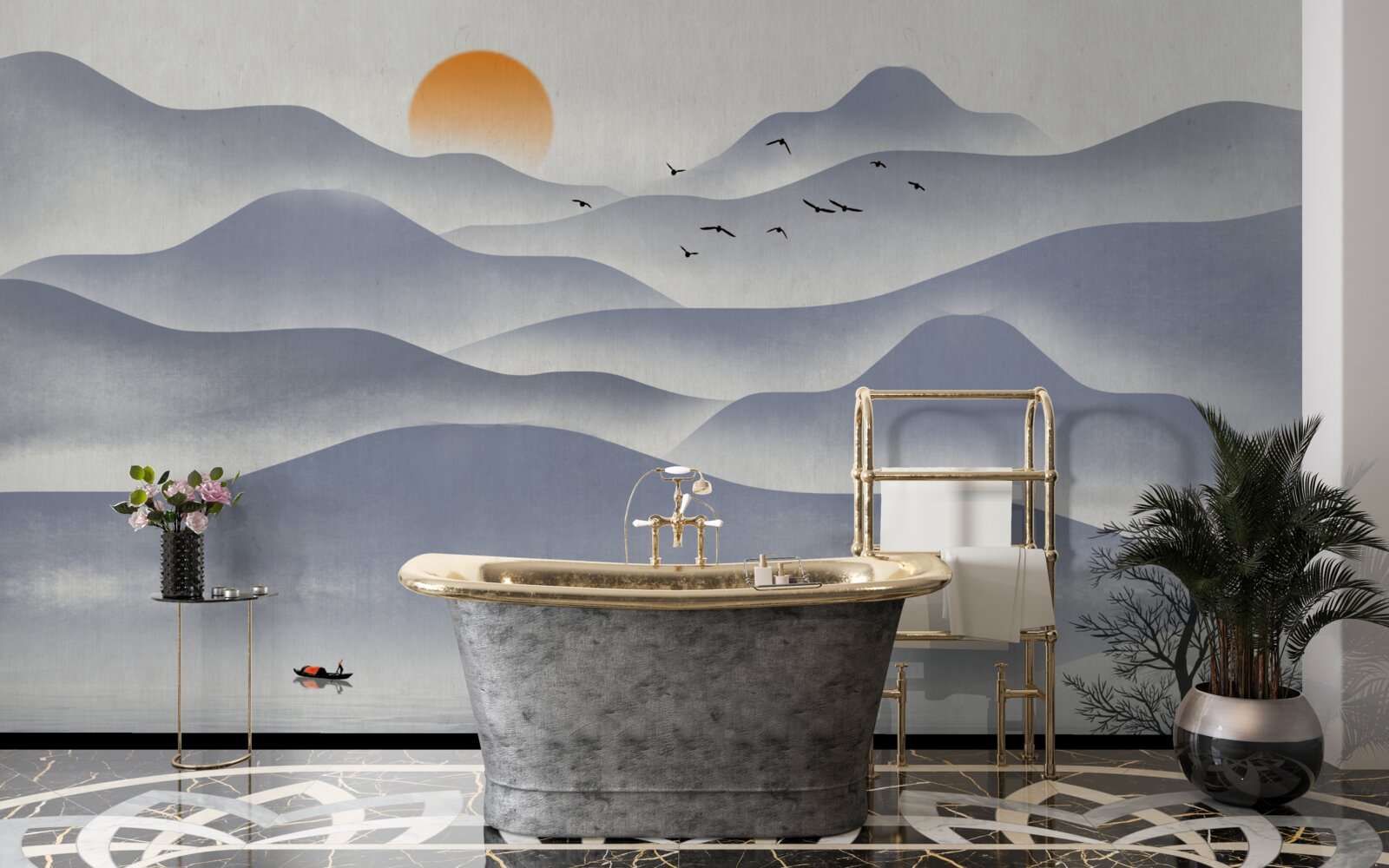 Fotobehang bestelling op het meer wordt gevuld door een visser