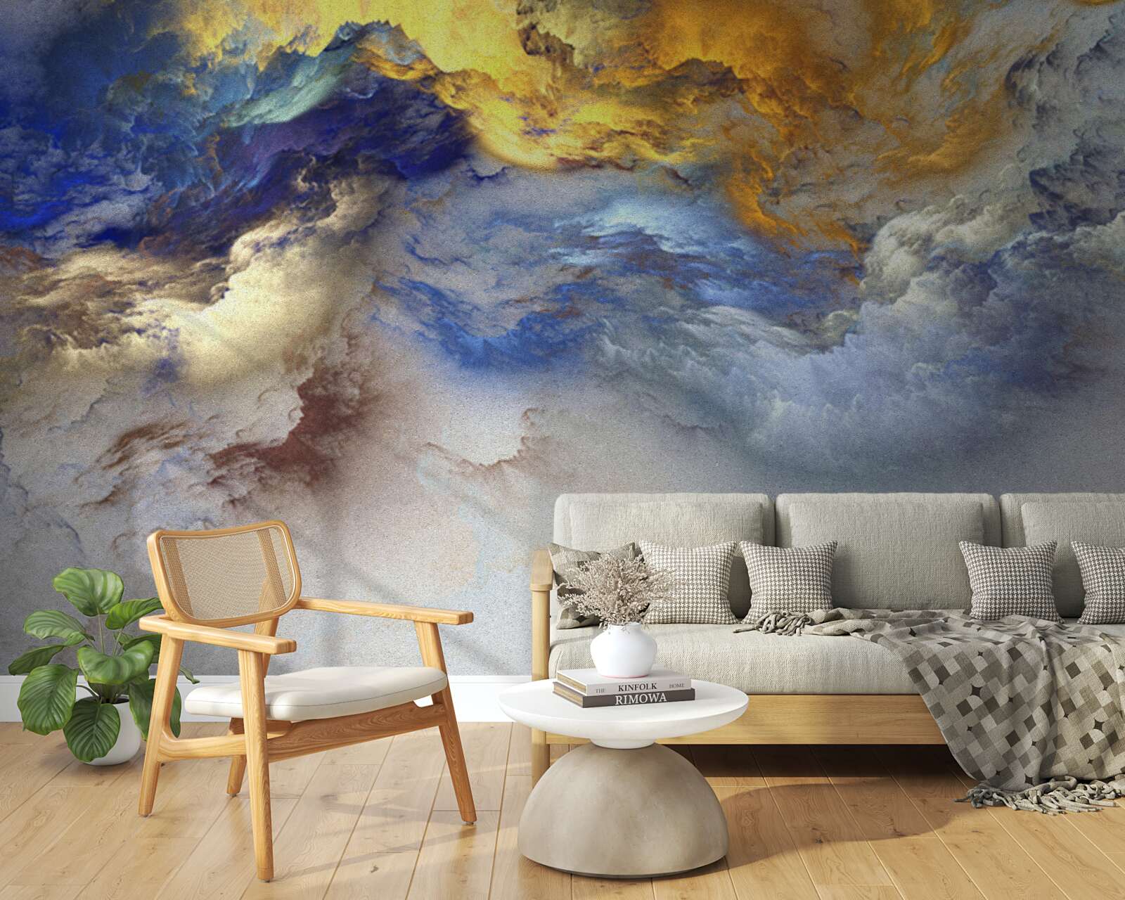 Fotobehang marmer met schakeringen, geschilderd in blauw en geel