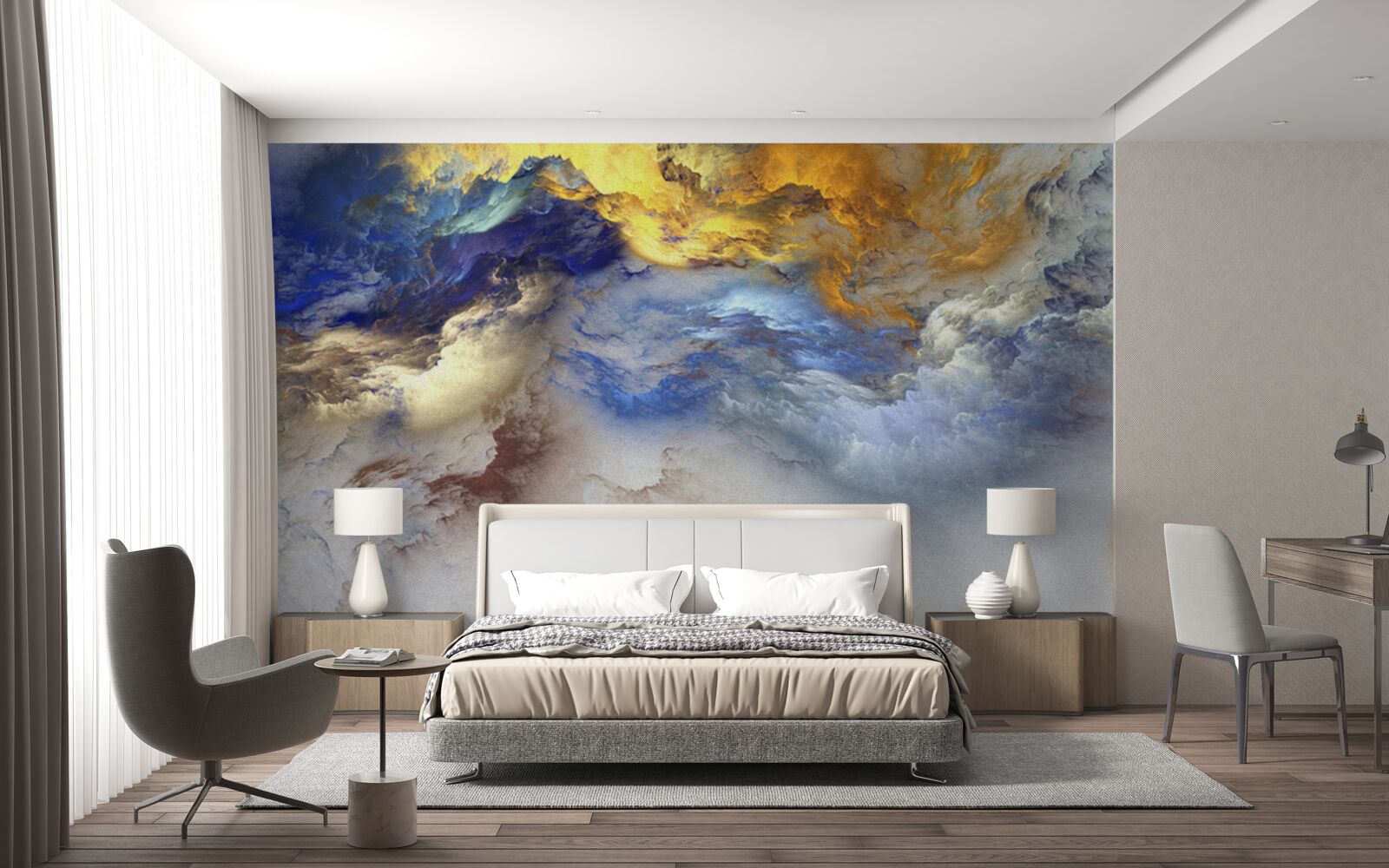 Fotobehang marmer met schakeringen, geschilderd in blauw en geel