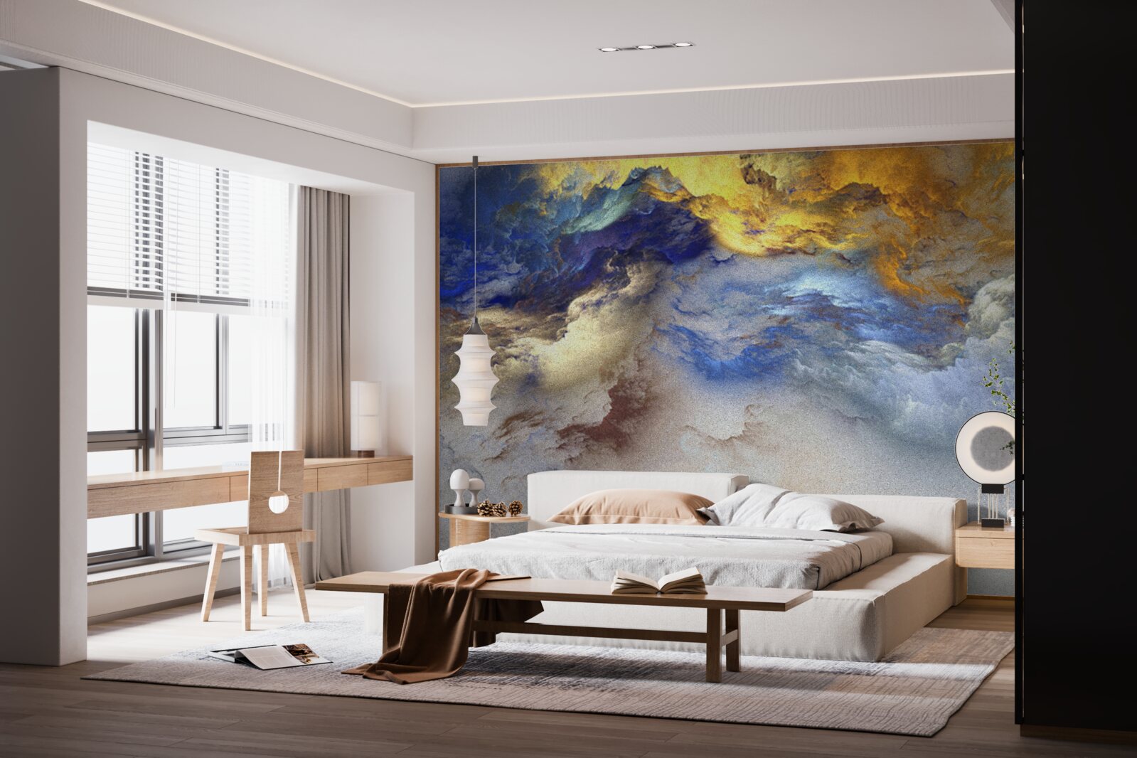 Fotobehang marmer met schakeringen, geschilderd in blauw en geel