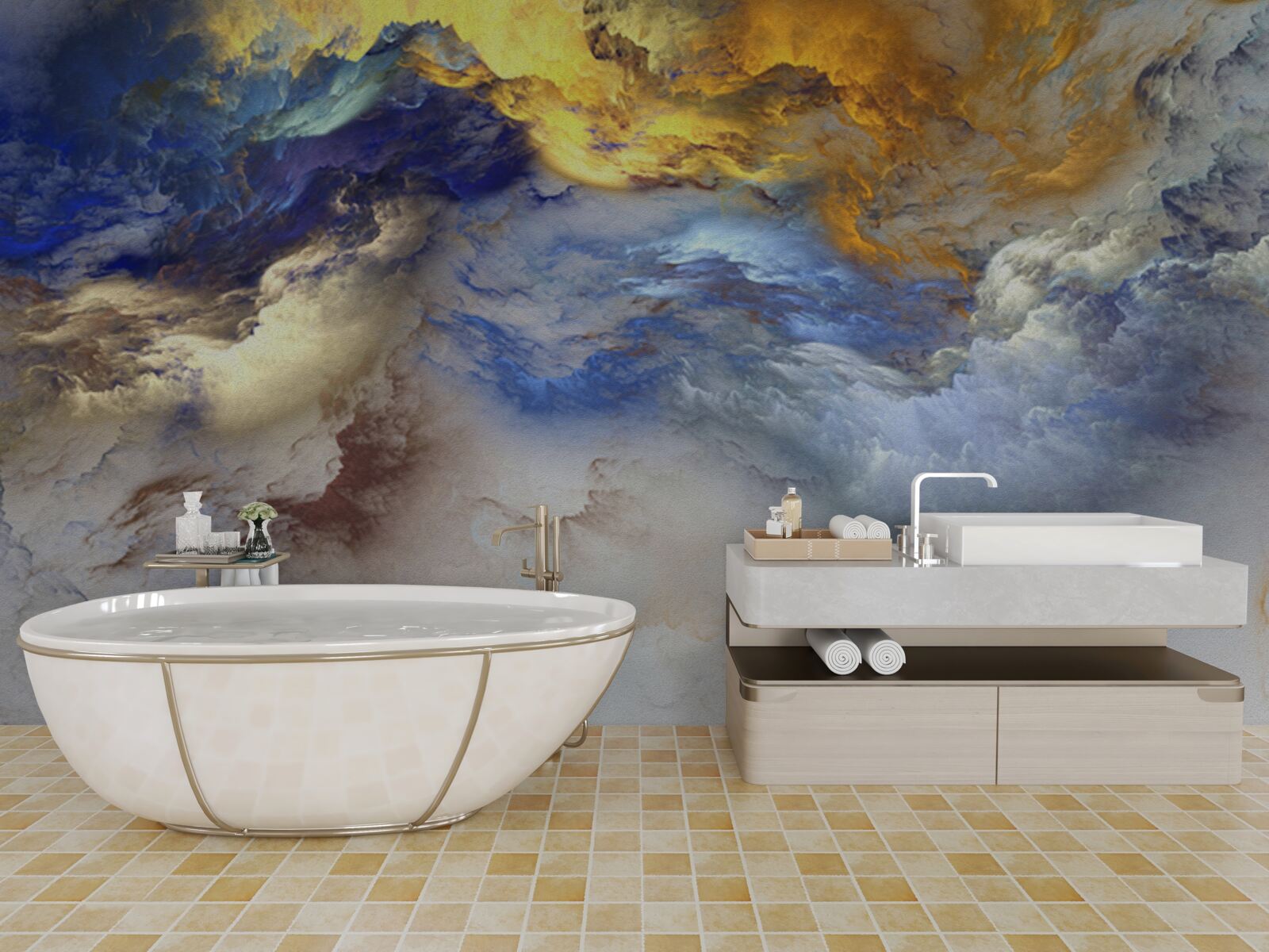 Fotobehang marmer met schakeringen, geschilderd in blauw en geel