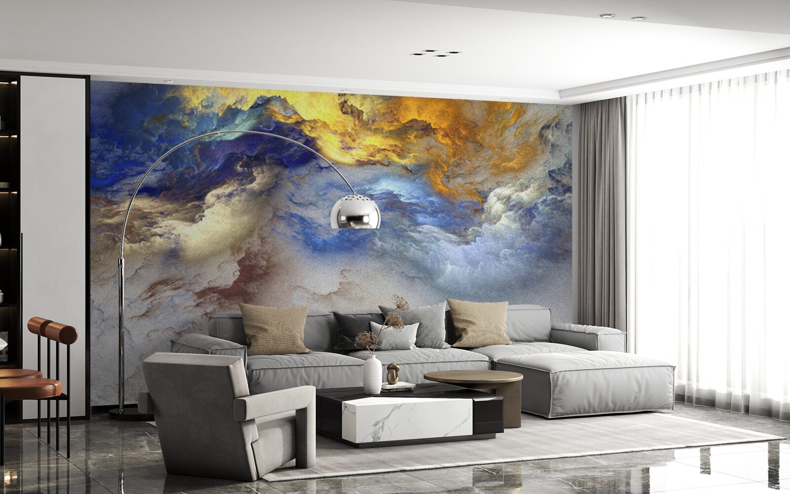 Fotobehang marmer met schakeringen, geschilderd in blauw en geel