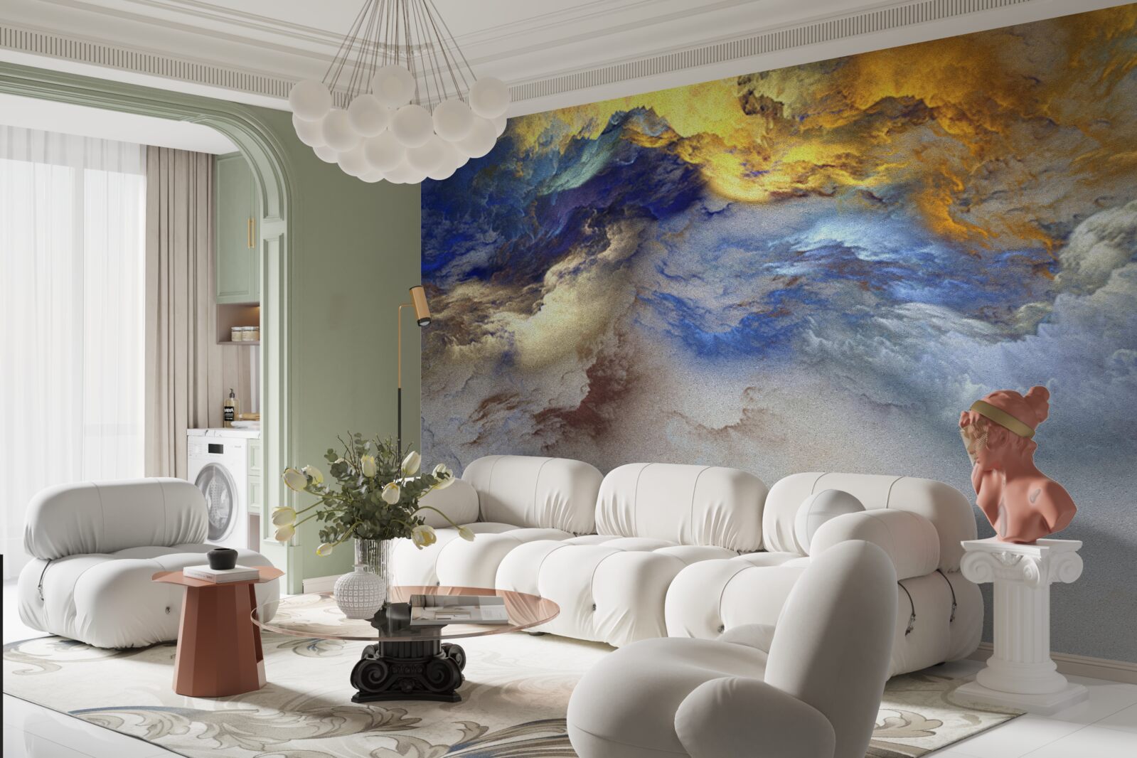 Fotobehang marmer met schakeringen, geschilderd in blauw en geel