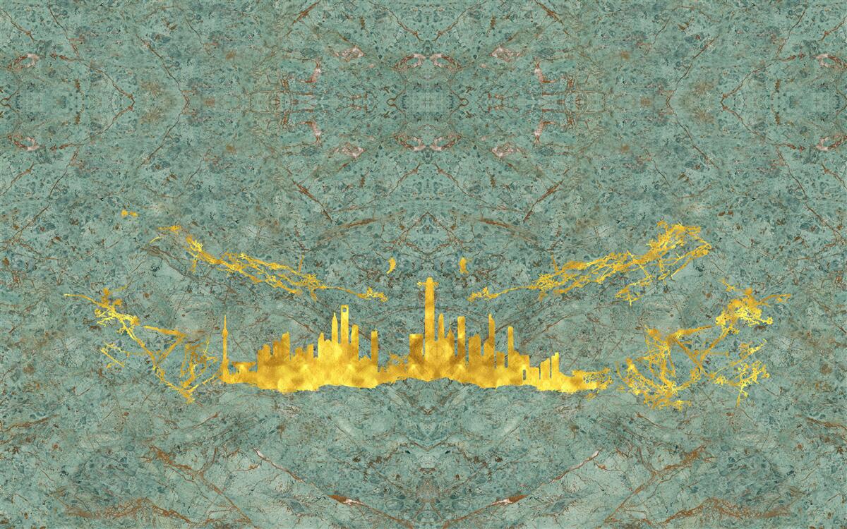 Fotobehang groen marmer bedekt met gouddraad