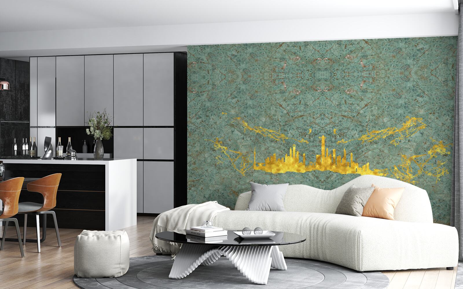 Fotobehang groen marmer bedekt met gouddraad